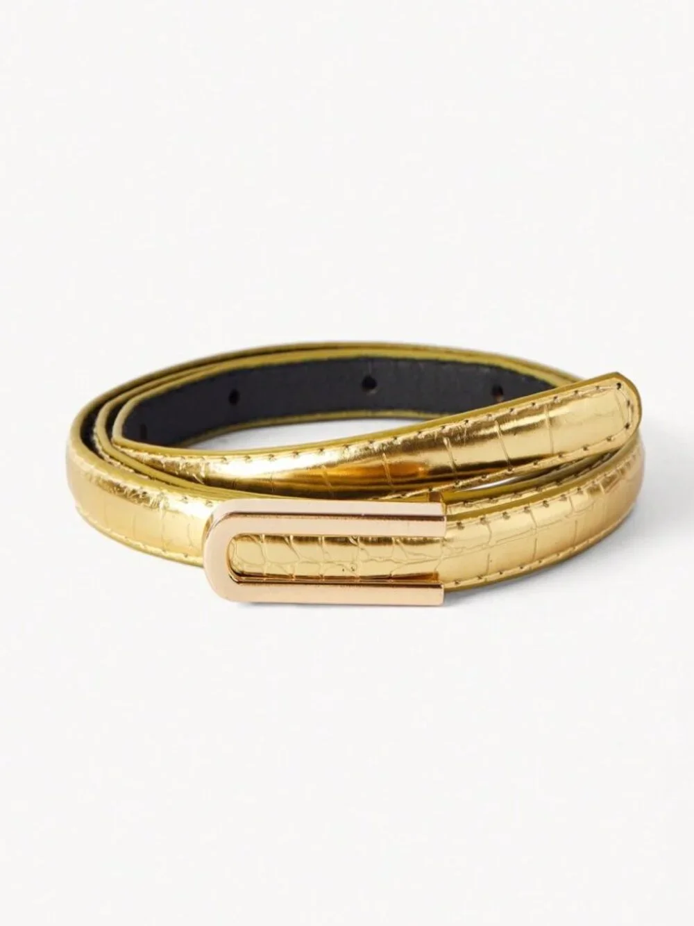 Gold Croc-Embossed Vegan Leather Skinny Belt with Oval Buckle